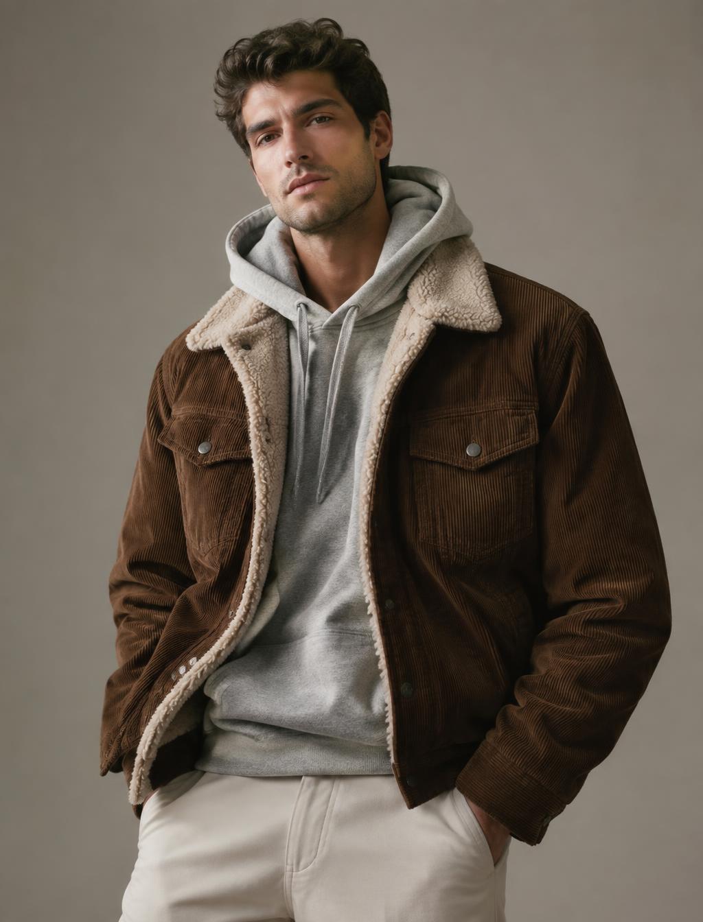 Model in a brown corduroy sherpa jacket over a grey hoodie