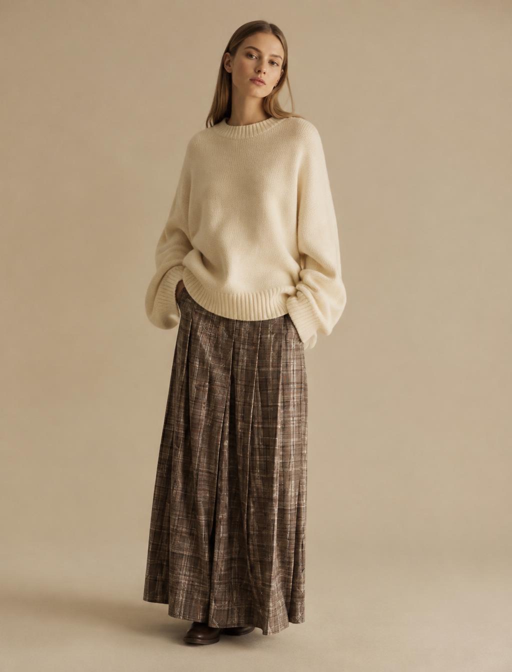 Model in a cream knit sweater and plaid maxi skirt